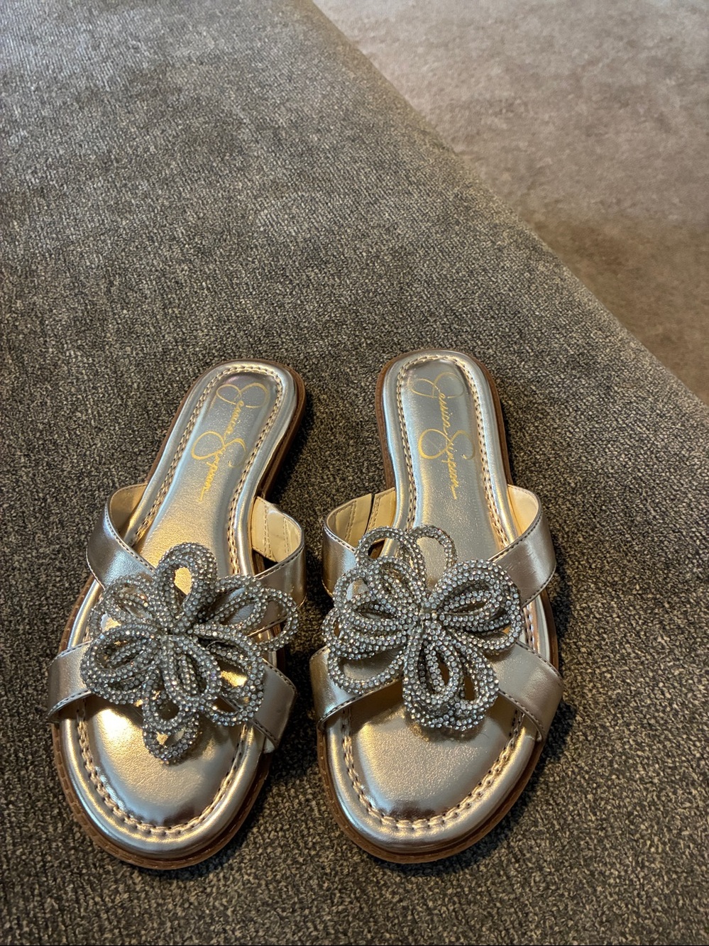 Jessica Simpson Gold and Silver Crystal Bow Slide Sandals